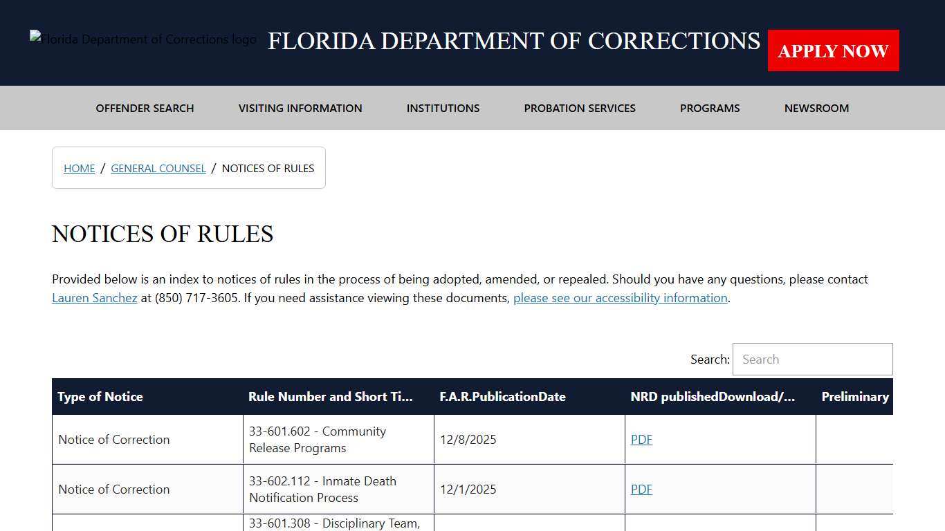 Notices of Rules / General Counsel - Florida Department of Corrections