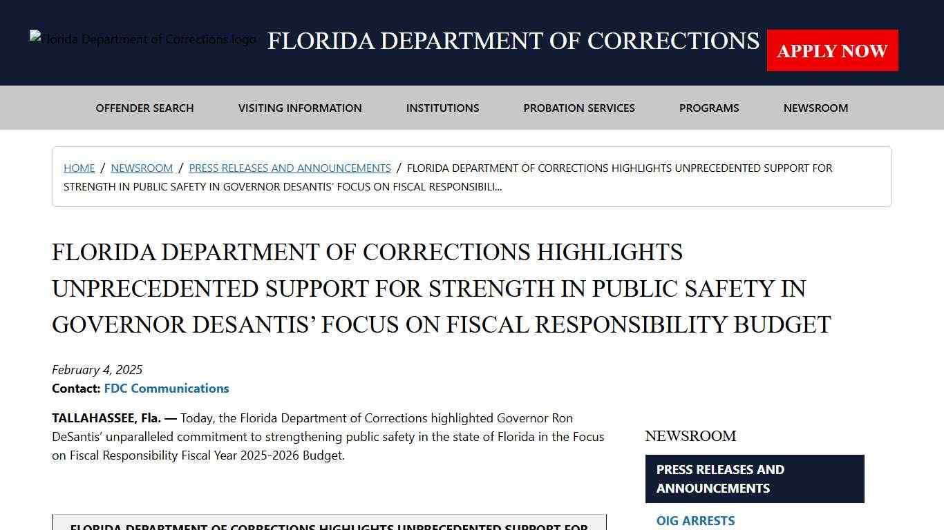 Florida Department Of Corrections Highlights Unprecedented Support For Strength In Public Safety In Governor Desantis’ Focus On Fiscal Responsibili... / Press Releases and Announcements / Newsroom - Florida Department of Corrections