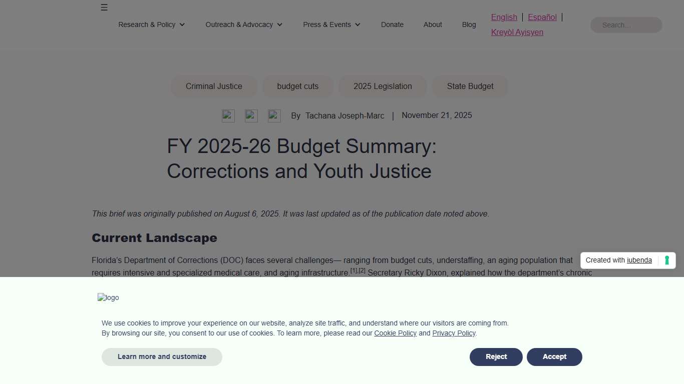 FY 2025-26 Budget Summary: Corrections and Youth Justice